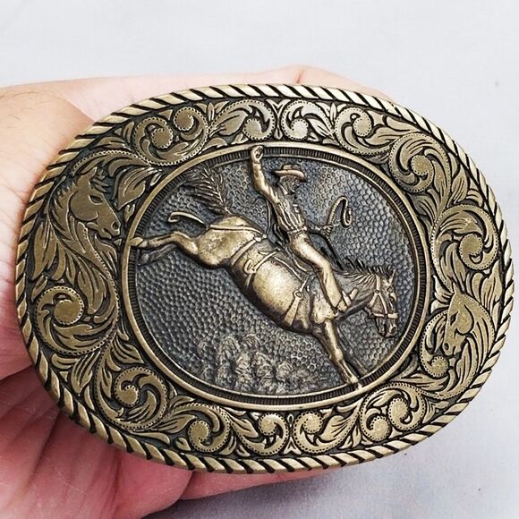 Other - Vintage Belt Buckle Solid Brass Bucking Horse Cowboy Rodeo Western Filigree USA